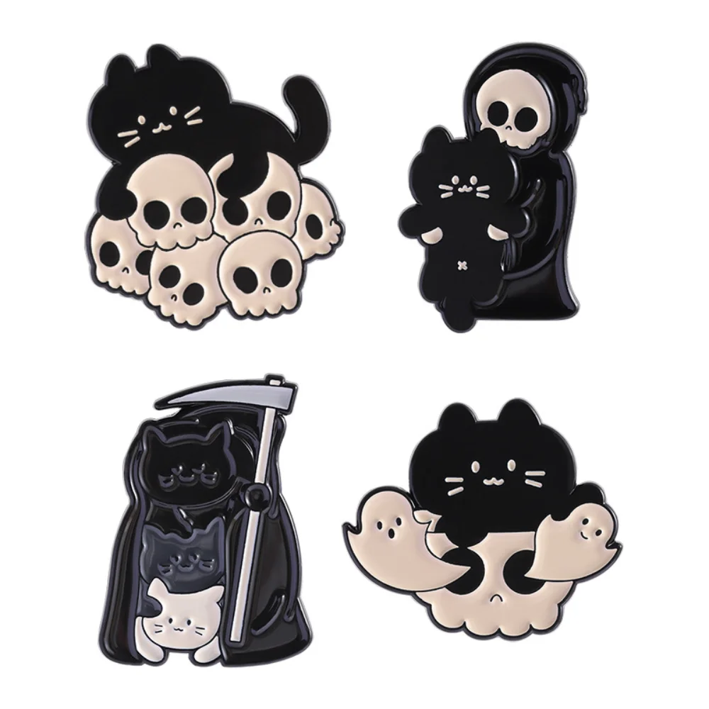 4 piece Black Reaper Cat Series Pin Metal Paint-baked Badge Cartoon-style Personalized Dark Skeleton Cat Brooch