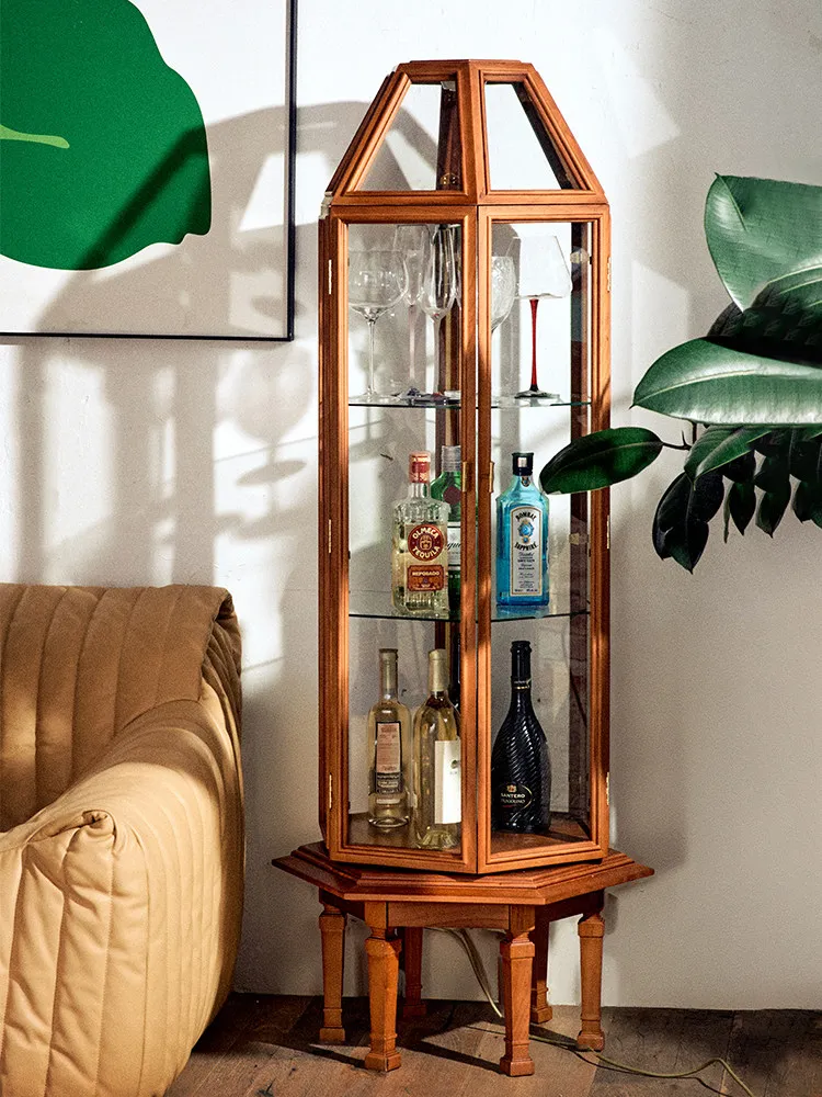 Glass Display Cabinet Cherry Wood Rotary Lego Figure Model with Light Storage Wine Cabinet