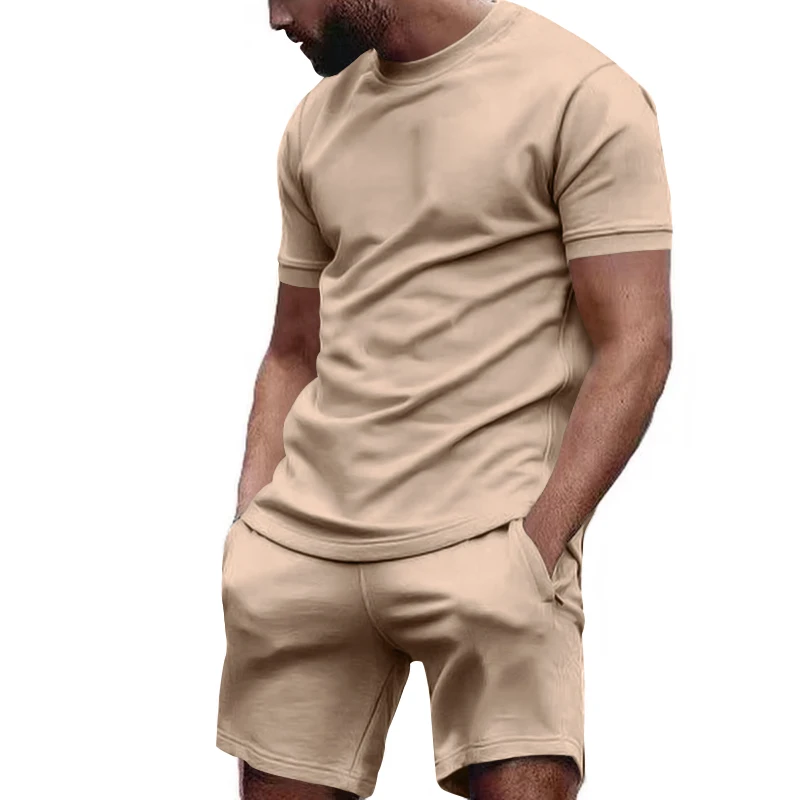 Casual Sport Einfarbig männer Set Sommer Kurzen ärmeln Schlank Rundhals T-shirt Und Shorts Zwei-stück männer kleidung Förderung