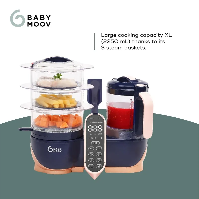 Babymoov Duo Meal Station XL، محضر طعام 6 في 1 مع جهاز بخار، خلاط متعدد السرعات، أكثر دفئًا، مزيل الصقيع ومعقم، وردي