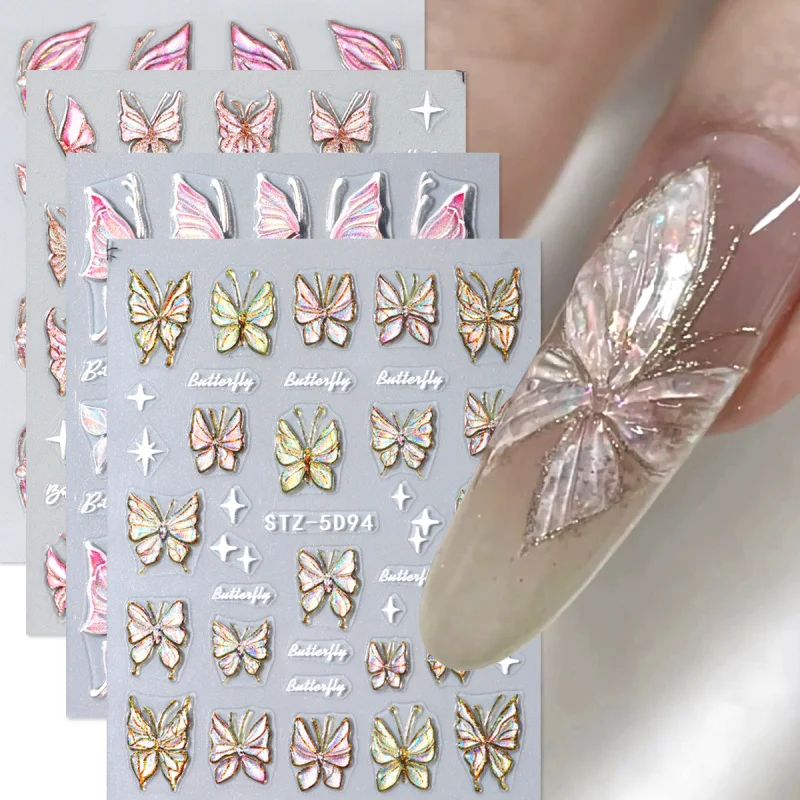 5D Aurora Schmetterling Nagelaufkleber Laser Schillernde Muschel Kristall Jelly Schmetterlingsflügel Slider Decals Frühling Nageldekoration