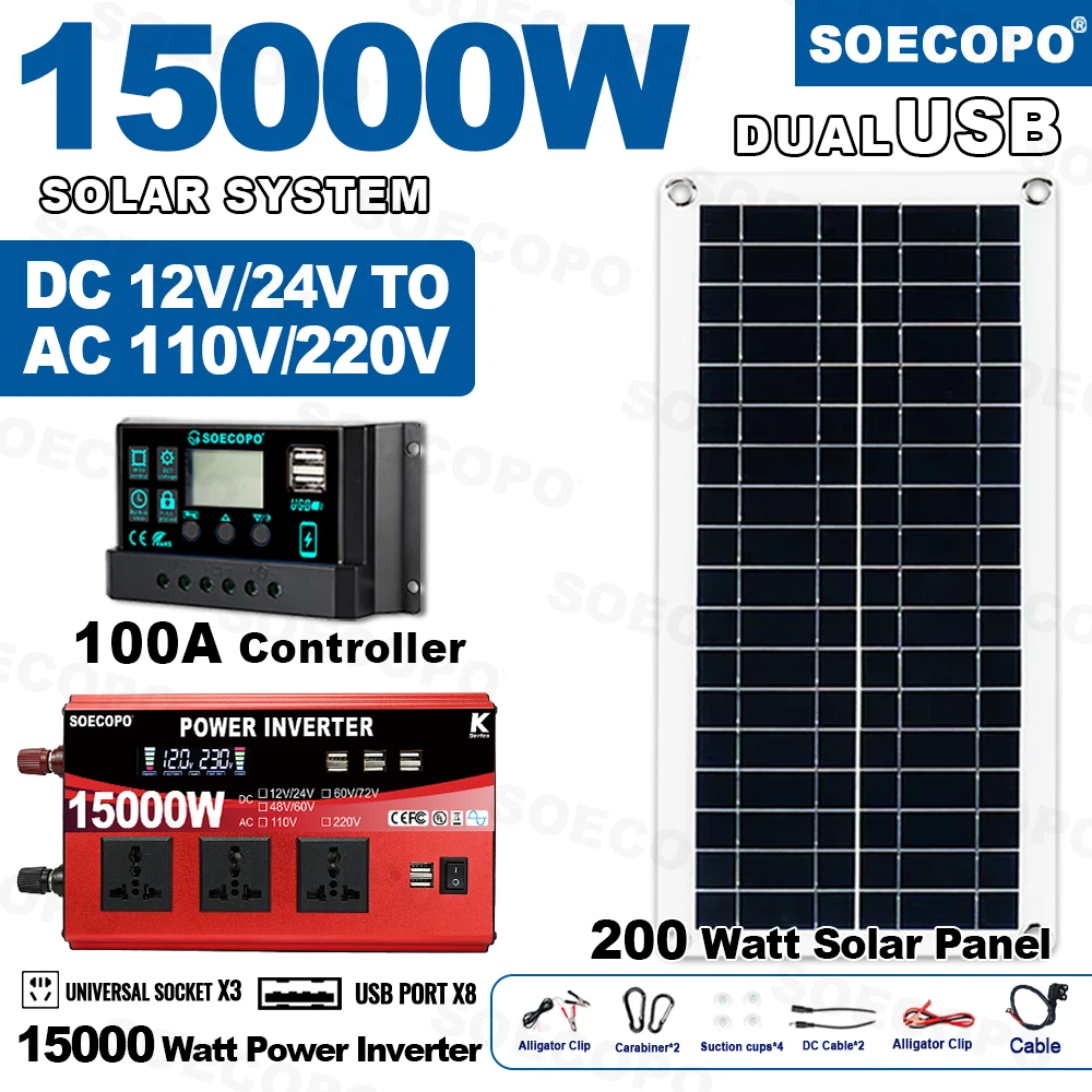 

SOECOPO 15000W Portable Solar System Kit 200W Panel Inverter(3 Sockets 8 USB Ports)12V/24V 110V220V 100A Controller Home Camping