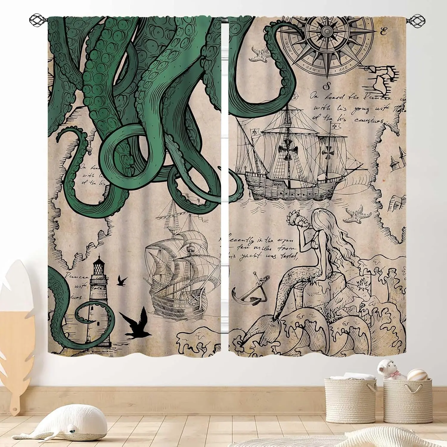Nautical Octopus Curtains, Coastal Old Pirate Map Sailboat Compass Vintage Magic Ocean Kraken Octopus Tentacles Window Drapery