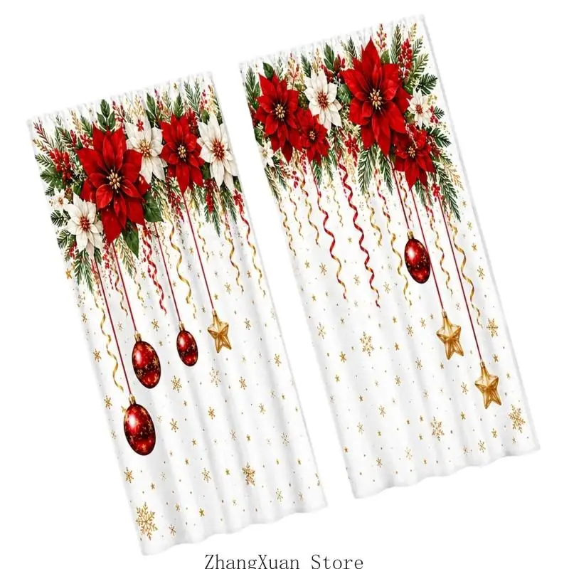 Festliches Vorhang-Set mit 2 weihnachtlichen Fensterpaneelen aus Polyester mit Sichtschutz für Arbeits- und Heimbürodekorationen – Detail 7