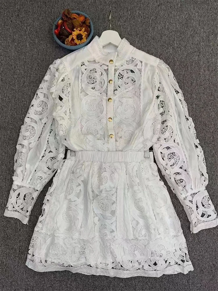 Retro openwork embroidered long-sleeved shirt single-breasted blouse+high waist and big skirt fashion suit female two-piece suit