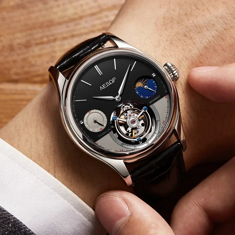 Aesop 7023 Manual Tourbillon Movement Stainless Steel Leather Sapphire Fashion Multi functional Dial Men's Mechanical Watch