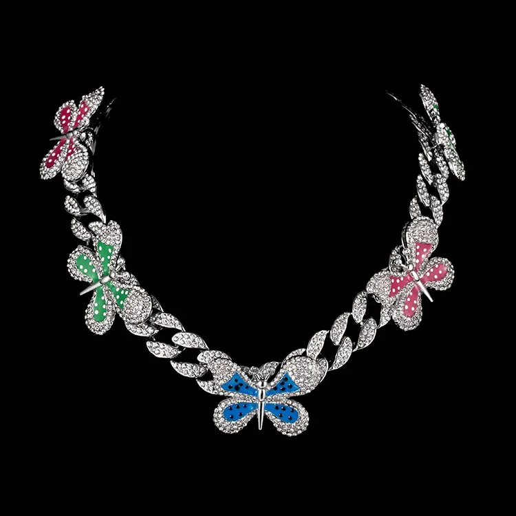 

Men's Hip Hop Butterfly full of oil Pendant Necklace with Cuban Chain Ice Crystal Shiny Fashion Boys Rap Rock Jewelry Necklace