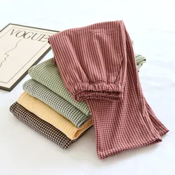 Pijamas japoneses de crepé para mujer, pantalones holgados a cuadros pequeños, 100% algodón, talla grande, para el hogar, otoño e invierno, novedad