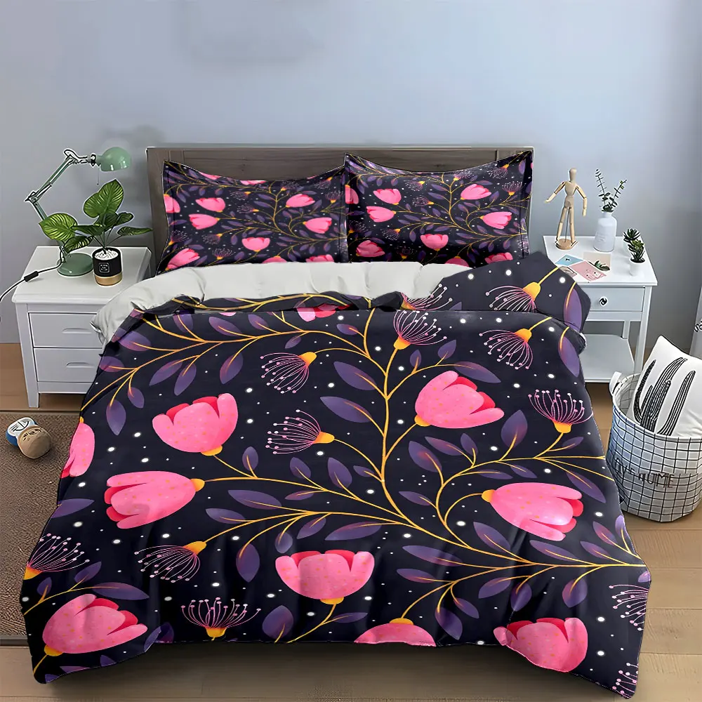 3Pc Pink Tulip Bud Gold Vine Duvet Cover Set, Dark Night Floral Seamless Bedding Includes 1 Duvet Cover And 2 Pillowcase,Gift