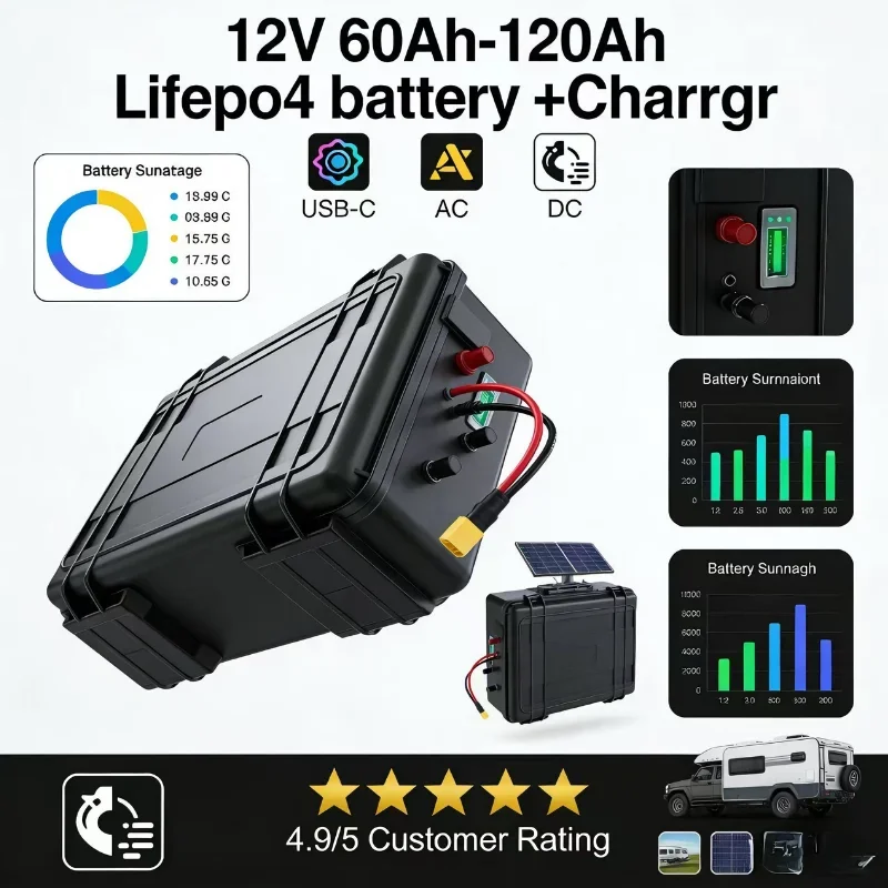 12V 60Ah-120Ah LiFePO4 Battery Pack, Toolbox Design Portable Power Station with Built-in BMS, Ultimate High-Capacity Power Solut