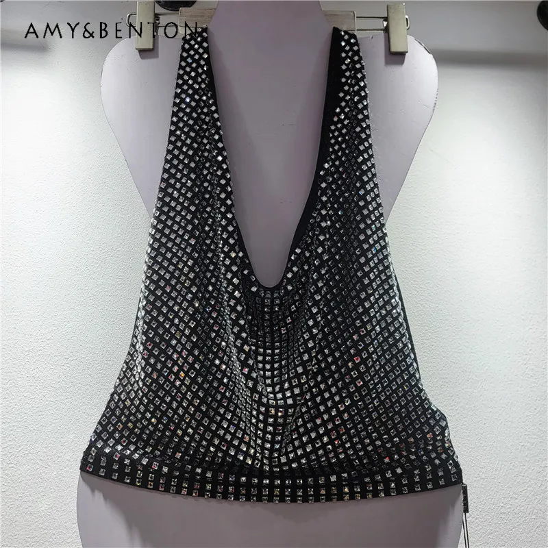

American Style Hot Girl Rhinestone Halter Neck Camisoles Tees Women's Spring Summer New Pure Desire Ruched Slim Fit Top Slings