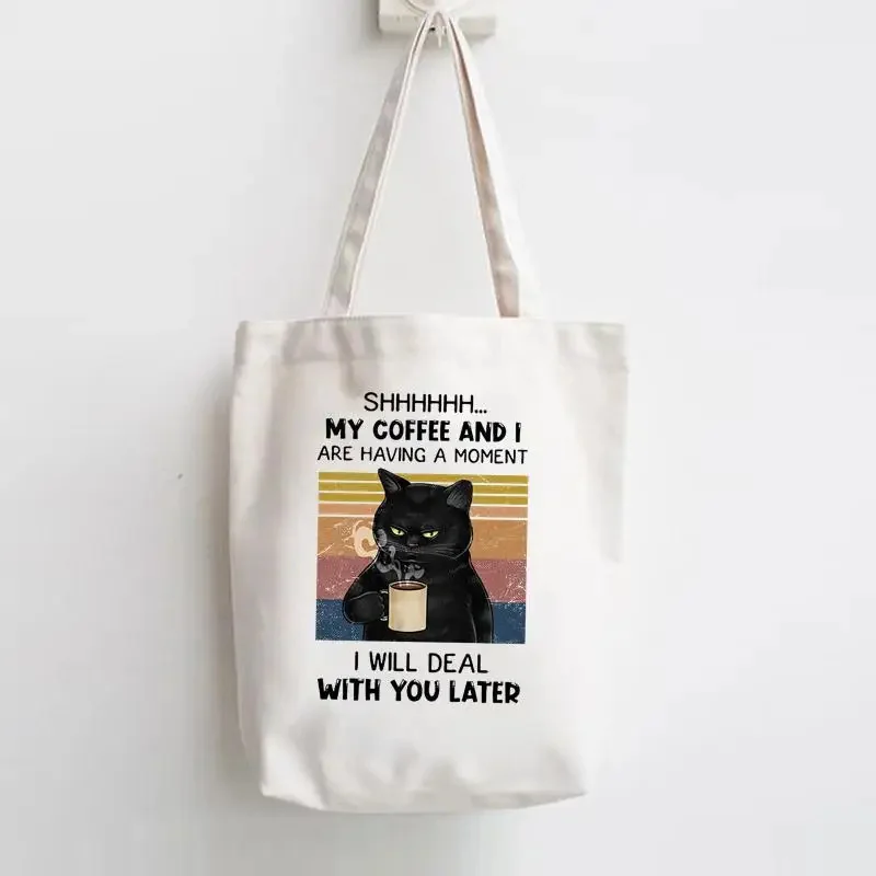 Cat Books Coffee Love Print Shopper Handbags Shoulder Fashion Canvas Casual Shopping Girls Women Graphic Reuseable Tote Bag