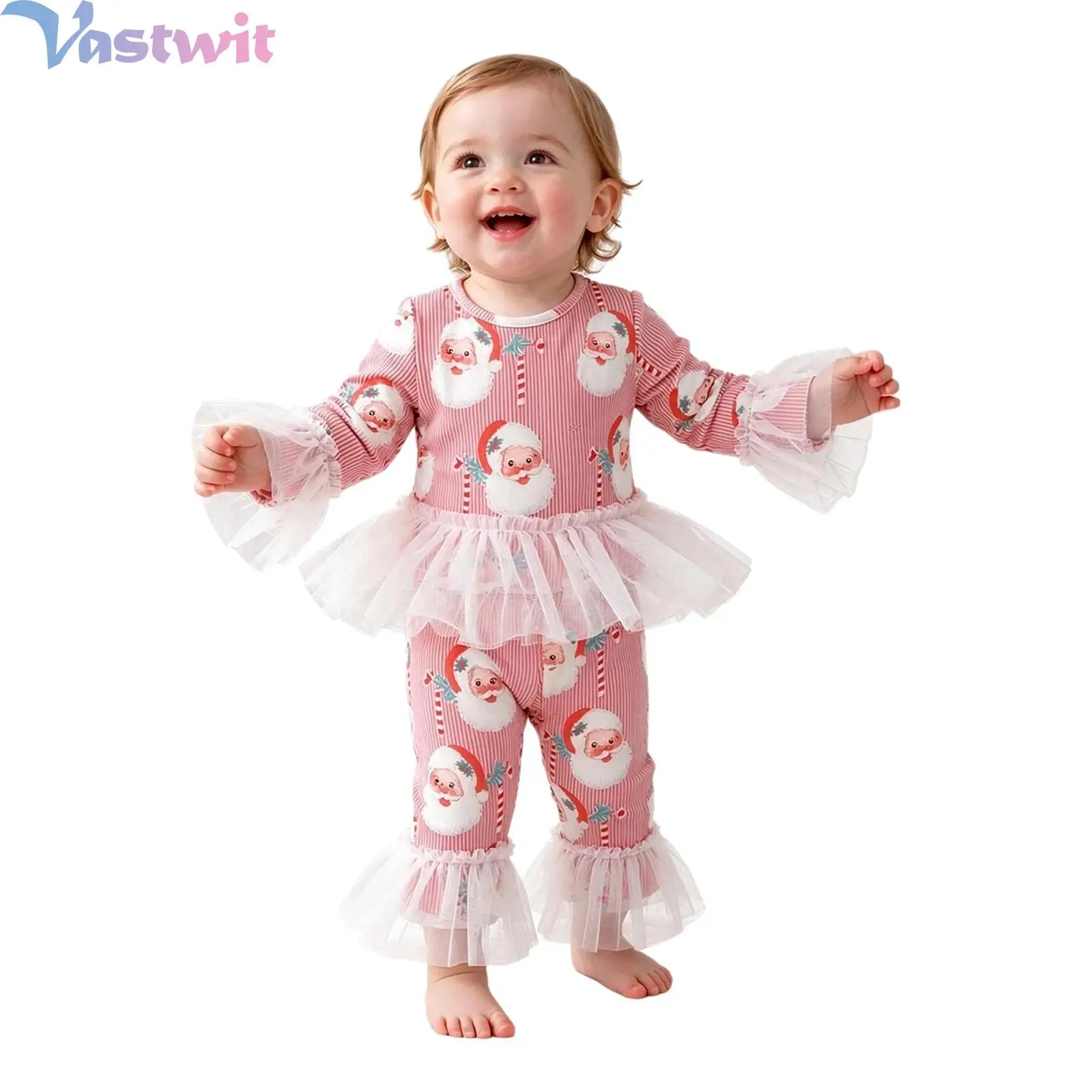 Toddler Girls Kids Sweet Santa Christmas Suit Striped Flared Sleeve Tulle Trim Top Mesh Ruffle Bell Bottom Pants Xmas Party Set