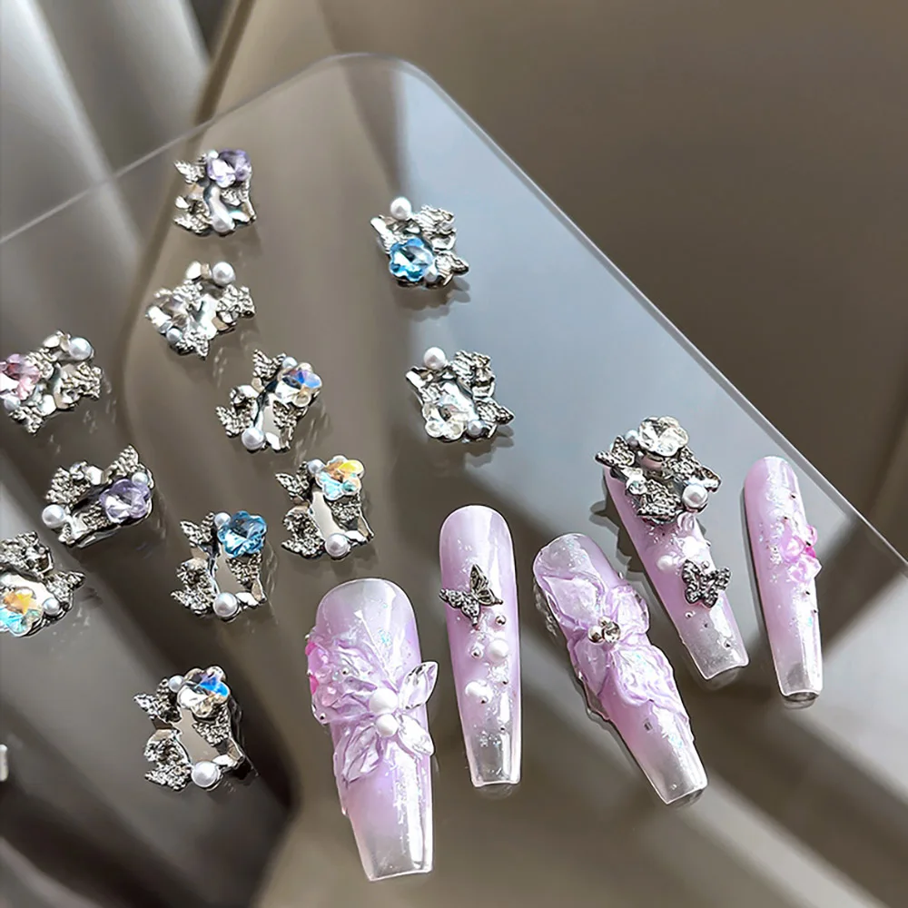 - سحر المرآة - تصميم مذهل للأظافر الحلي فراشة زهرة كريستال تزين إطار مرآة مجوهرات فضية معدنية مسمار سبيكة 404 #3