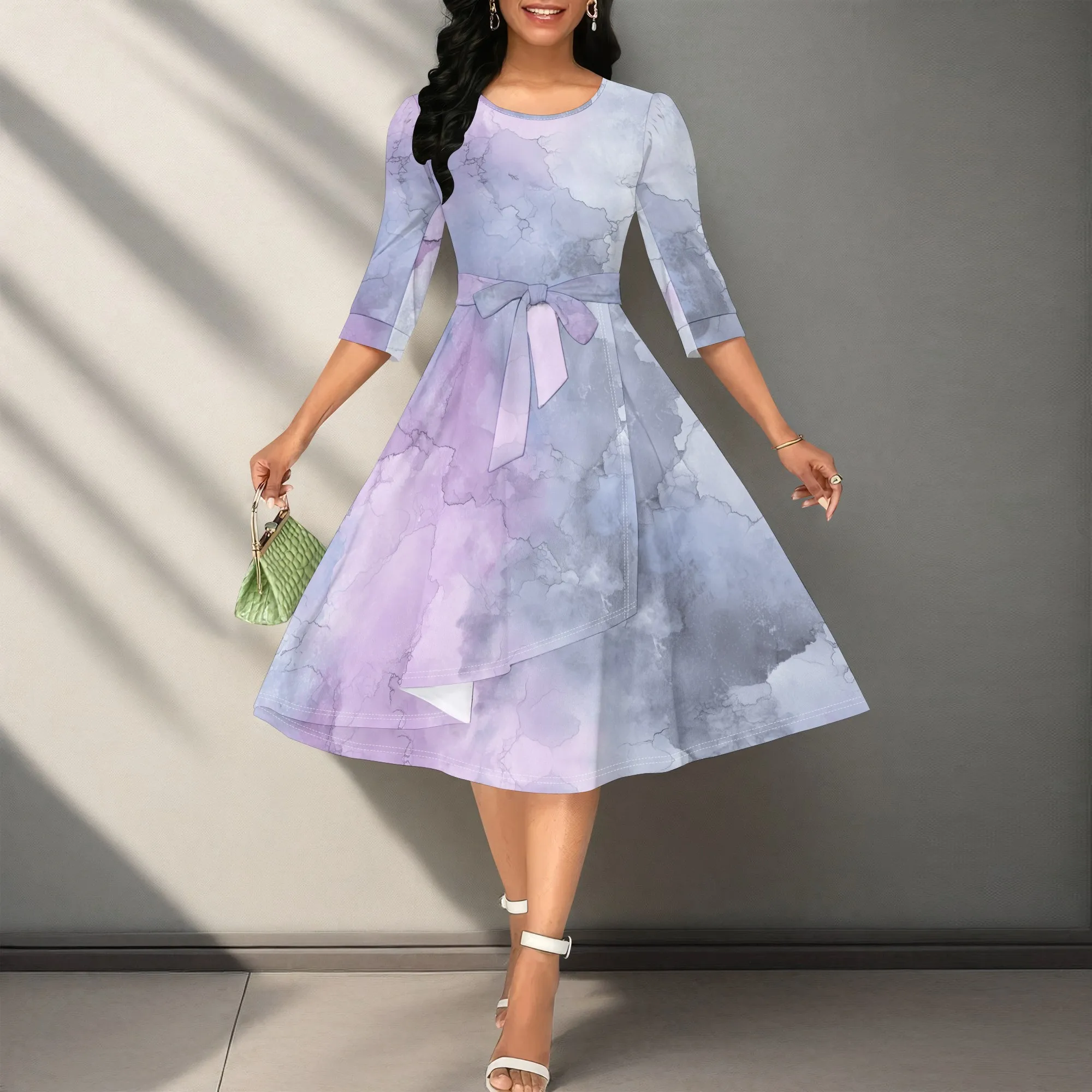 

Watercolor Print A-Line Midi Dress Women Elegant Three Quarter Sleeve High Waist Party Office Work Dress 2025
