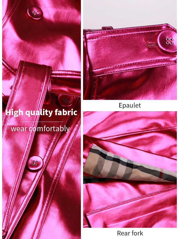 Women\'s long leather windbreaker Knee length double breasted fashionable leather clothes British fashion waist slimming Imitatio