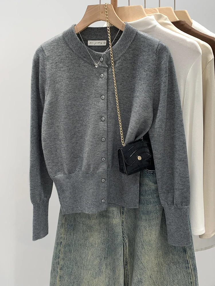 Autumn Winter Women's Knitted Open Cardigan Soft Cozy Waist-Cinched Outerwear Long Sleeve round Neck Button-Up Top Layering