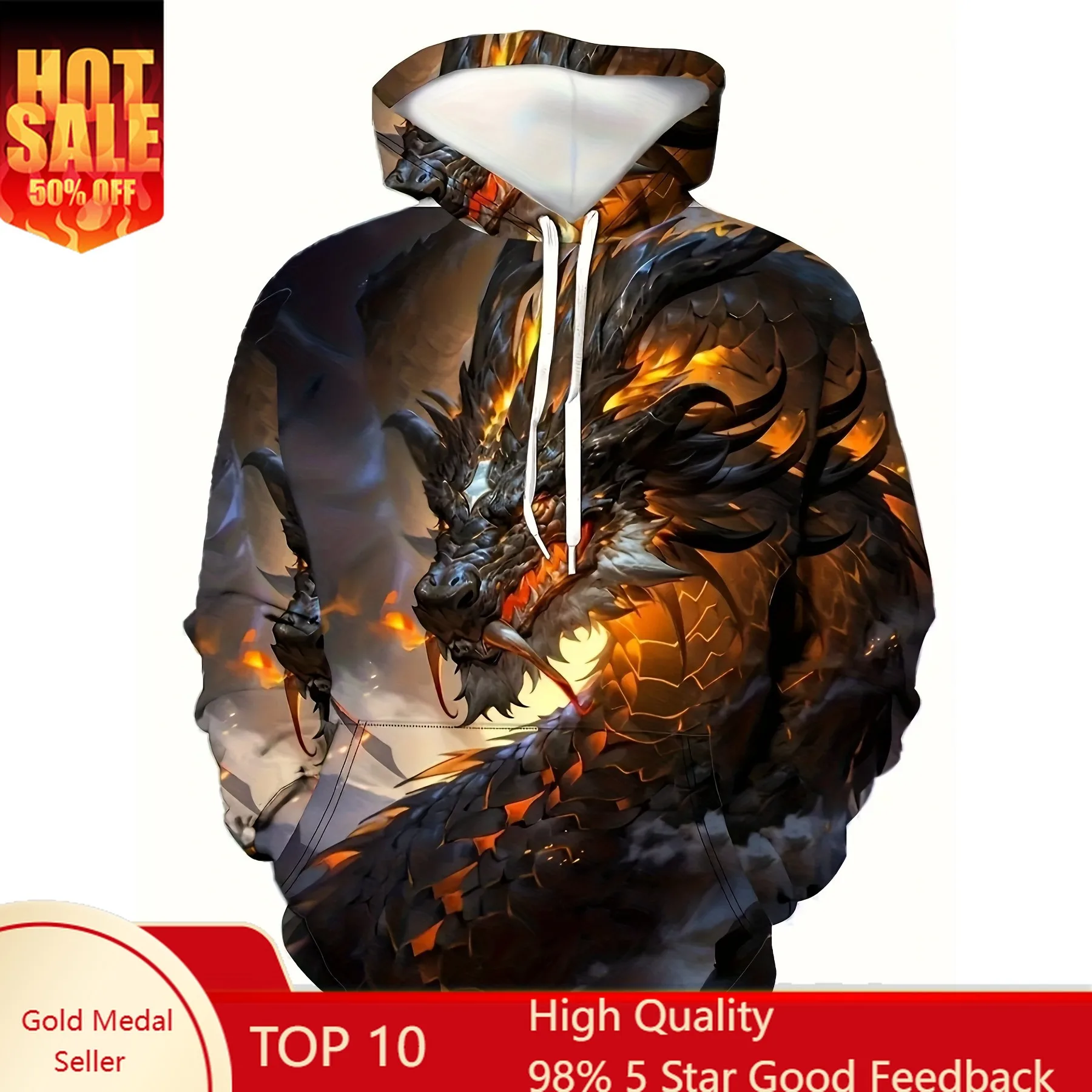 Langärmliger, atmungsaktiver Polyester-Herren-Hoodie mit lässigem 3D-Drachen-Print und Taschen, perfekt für Outdoor-Aktivitäten, geeignet für