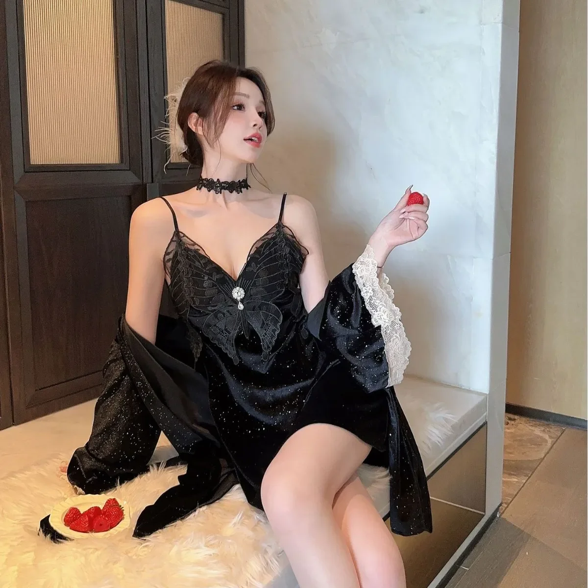 

Осень-зима, новое кимоно, халат, костюм, ночная рубашка, бандажная одежда для сна, нижнее белье, теплый велюровый халат, комплект, сексуальный спагетти на бретельках