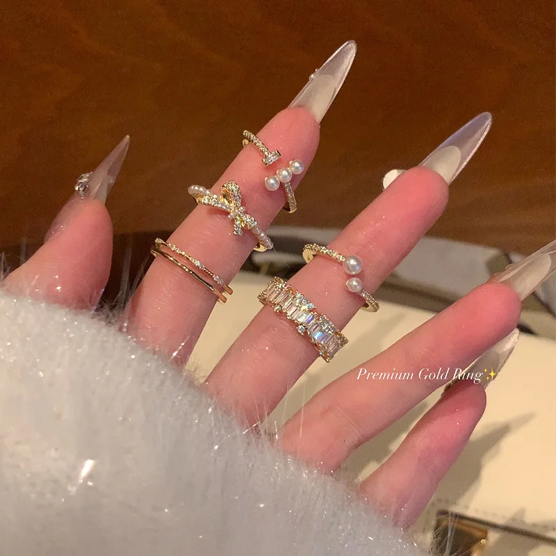 Ring Open Pearl Zirconia Full Pave Stackable Adjustable Index Finger Modern Premium Silver Tone Alloy Elegant Jewelry Women