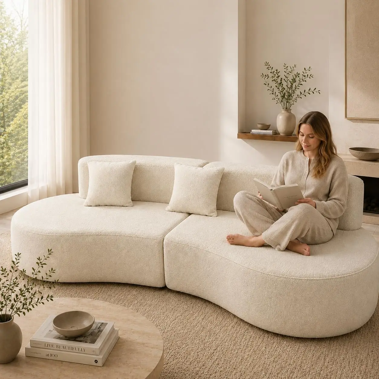 Cream White Curved Half Moon 95 Inch 4 Seater Modular Sofa Bed Living Room Office Apartment No Assembly 3 Throw Pillows