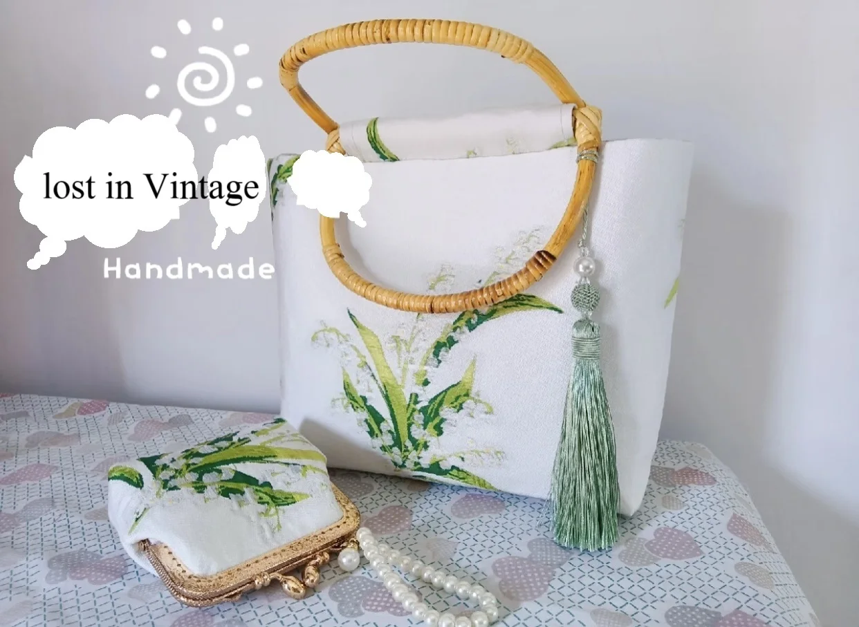 

Lost in Vinatge Lily of the Valley Fabric Bag Travel Bags Plus Purse Bamboo and Rattan Handle Jacquard