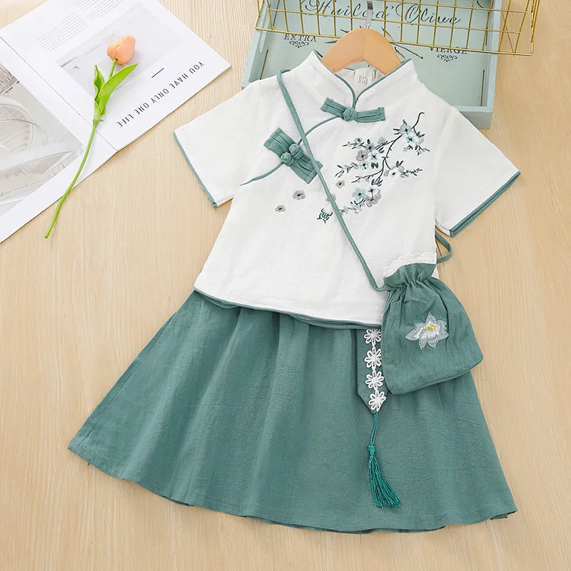 Girls Clothes Sets Embroidery Blouse+skirts Chinese Style Suit for Kids Children Hanfu Set with Bag Teenager Outfits Clothing