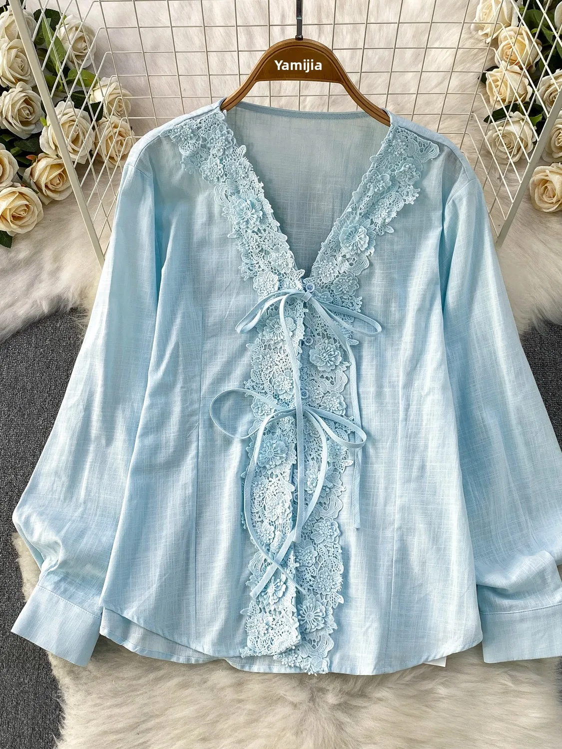 

Романтичная нежная кружевная блузка с V-образным вырезом для женщин, летняя свободная элегантная оригинальная кофта-кардиган в корейском стиле для повседневной носки