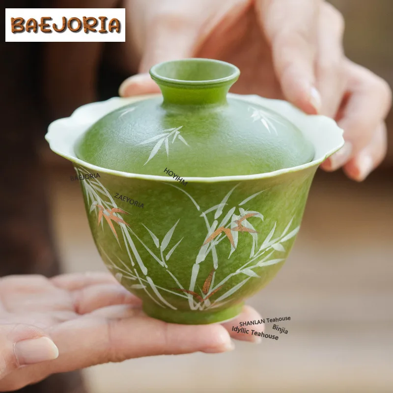 BAEJORIA 140ml Hand Painted Bamboo Gaiwan Luxury Tea Tureen Tea Bowl With Lid Kit Tea Making Cover Bowl Cha Craft