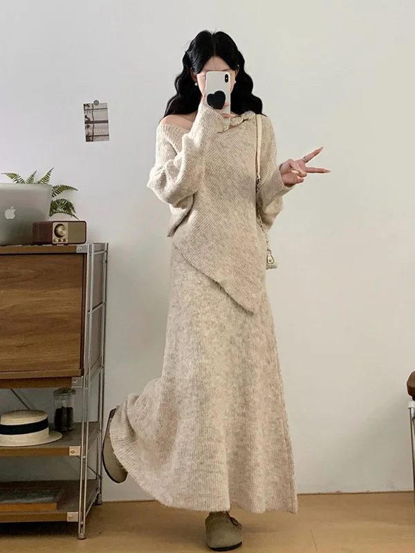 

Autumn Winter Women's Faion Set with oulder Exposure Irregular Sweater And f Skirt Ele 3D Flower Design Comfortabl...