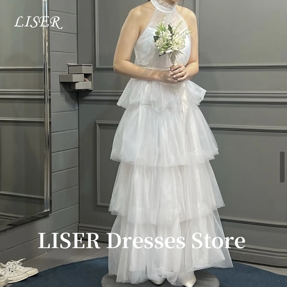 

Liser Halter Многоуровневые корейские свадебные платья Фотосессия Мягкий тюль длиной до щиколотки Элегантные свадебные платья Корсет сзади по индивидуальному заказу Mariage