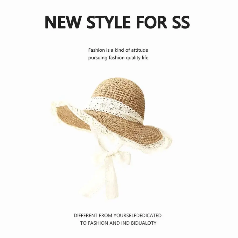 

Elegant Large Brim Women Straw Hat Breathable Sunshade Lace Tied Sun Hat Hollow Out Korean Style Beach Hat Summer