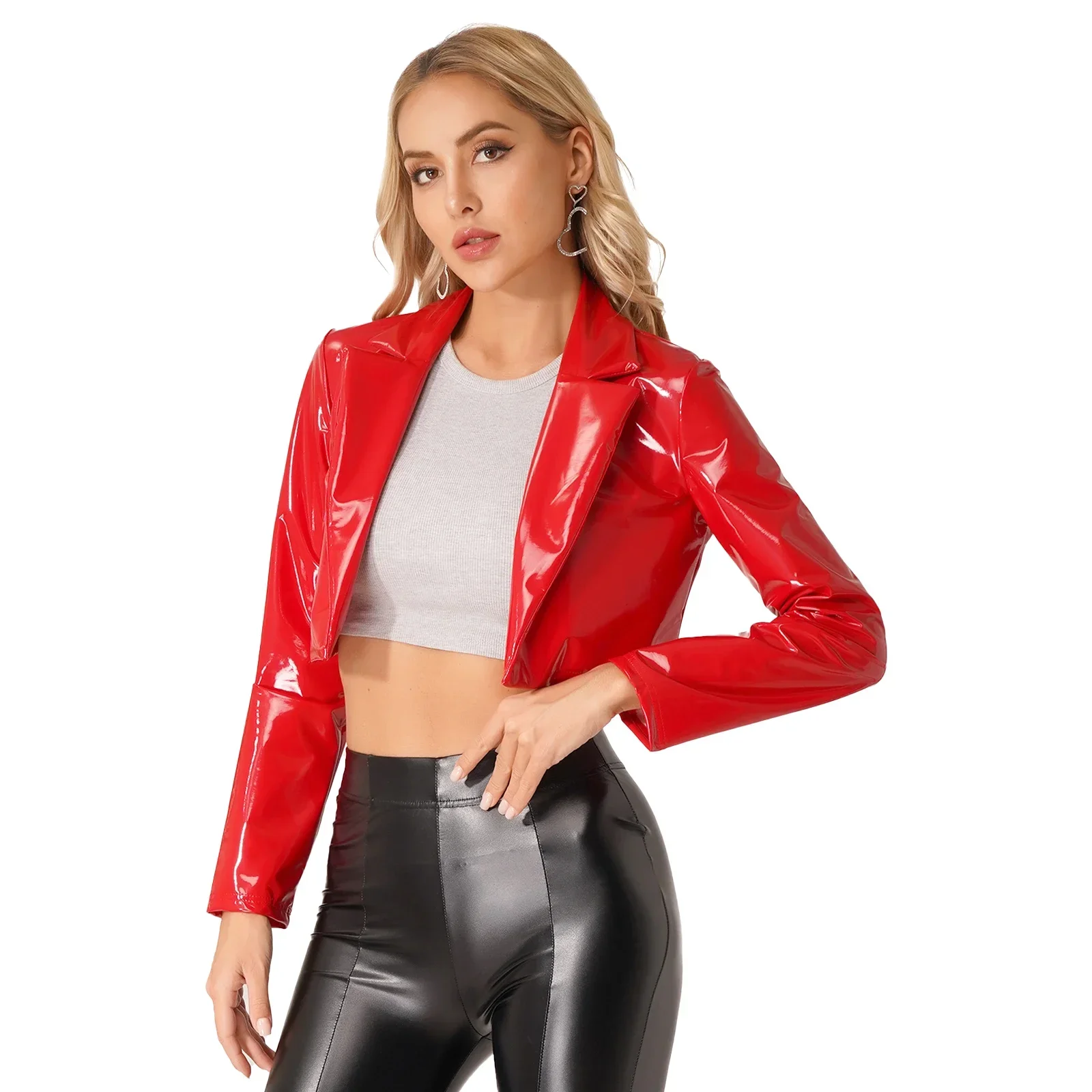 Jaqueta de couro falso brilhante de manga comprida feminina, lapela PVC cropped sobretudo, olhar molhado, clubwear traje de festa, moda personalizada, novo