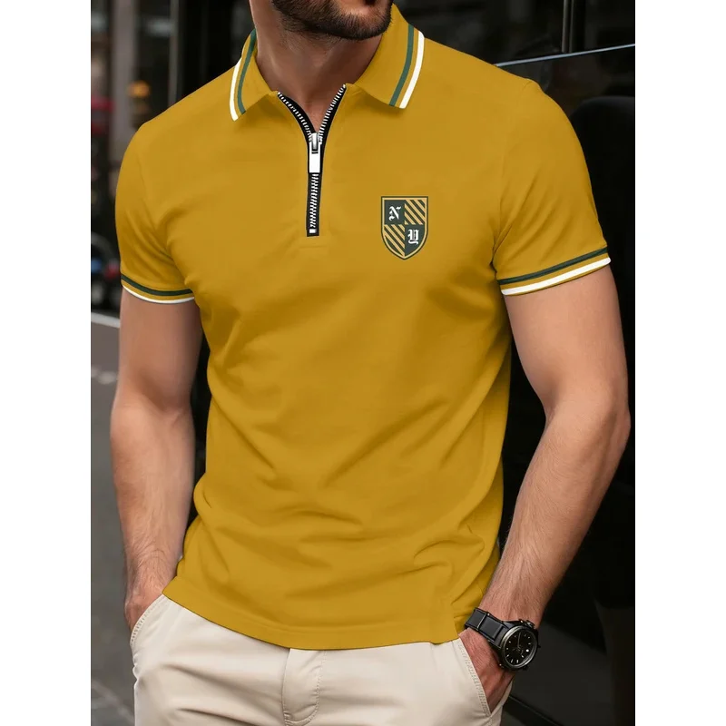 New men's polo shirt, summer striped short-sleeved casual T-shirt, business button top T-shirt, fashionable polo shirt, men's cl
