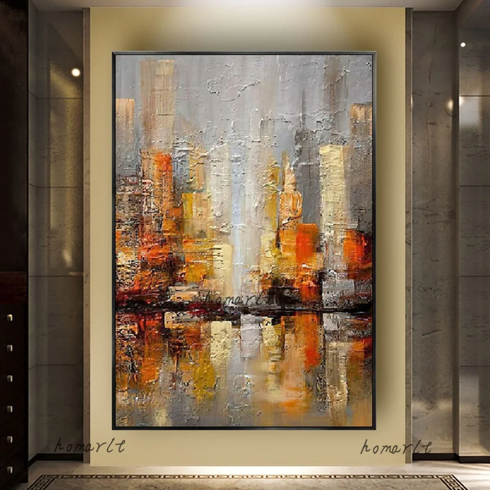 

Pure Hand-Painted Oil Painting Orange Abstract City Building Decorative City Palette Knife Oil Painting Art Paintings