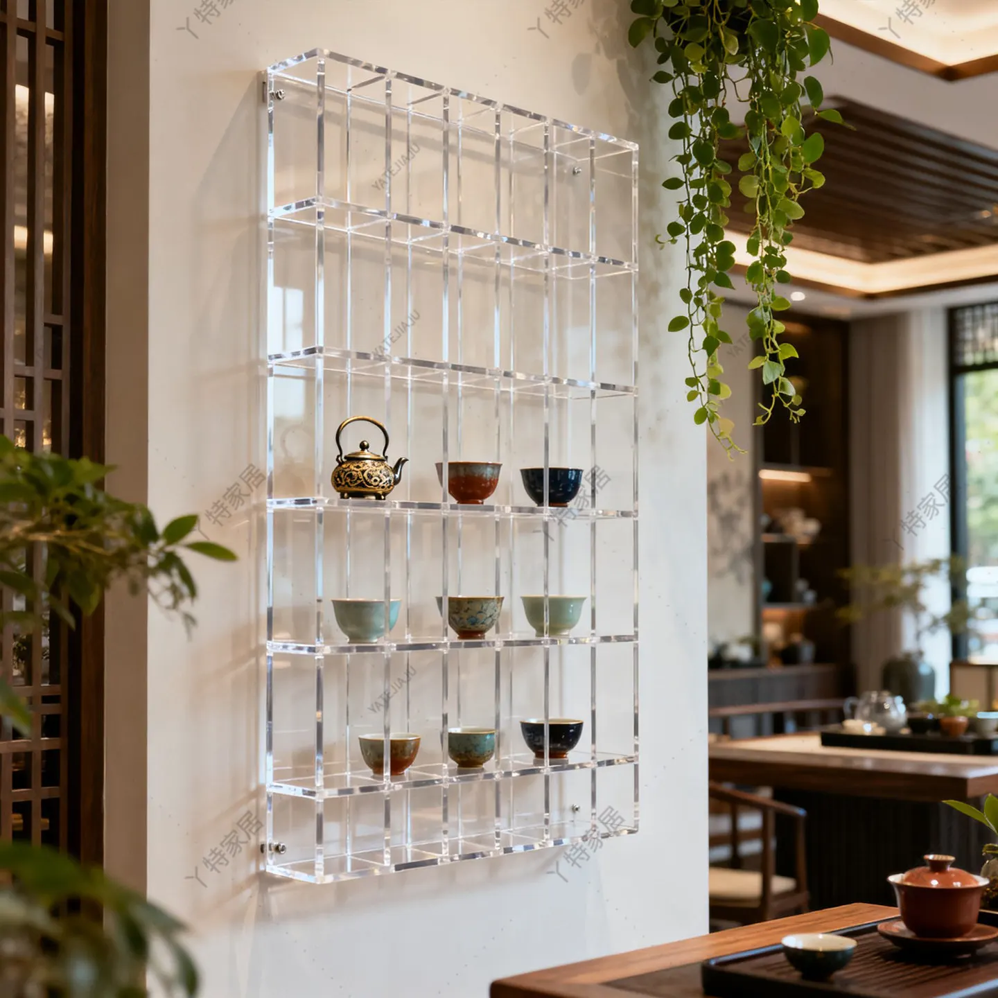 Acrylic custom teacup container transparent wall display rack wine rack high cabinet display lattice rack