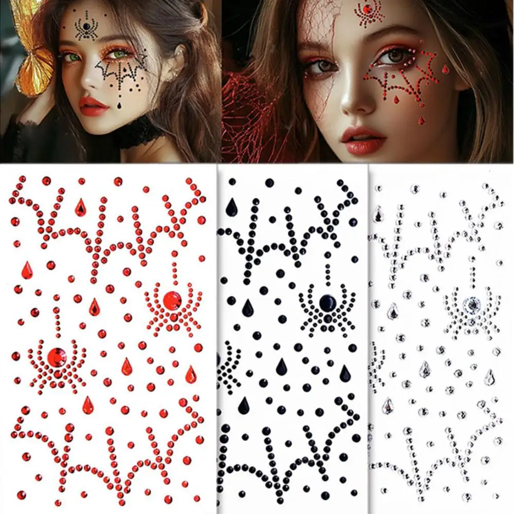 3Sheets Face Jewels Rhinestones Spider Web Halloween Fashionable Face Gems Stick on Jewels Tattoo Festival Diamonds Face Makeup