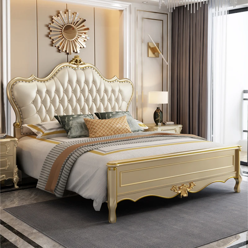 

American Princess Luxury Double Bed Modern Elegant Pretty Solid Wood Villa Bed Queen Adults Leather Cama Matrimonial Furniture