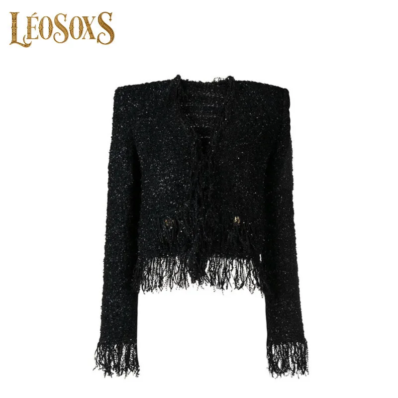 

LEOSOXS Lion Head Gold Button Women's Formal Jackets Tassel Straight Tweed Jacket Collarless Black Blazers Autumn New Outerwears