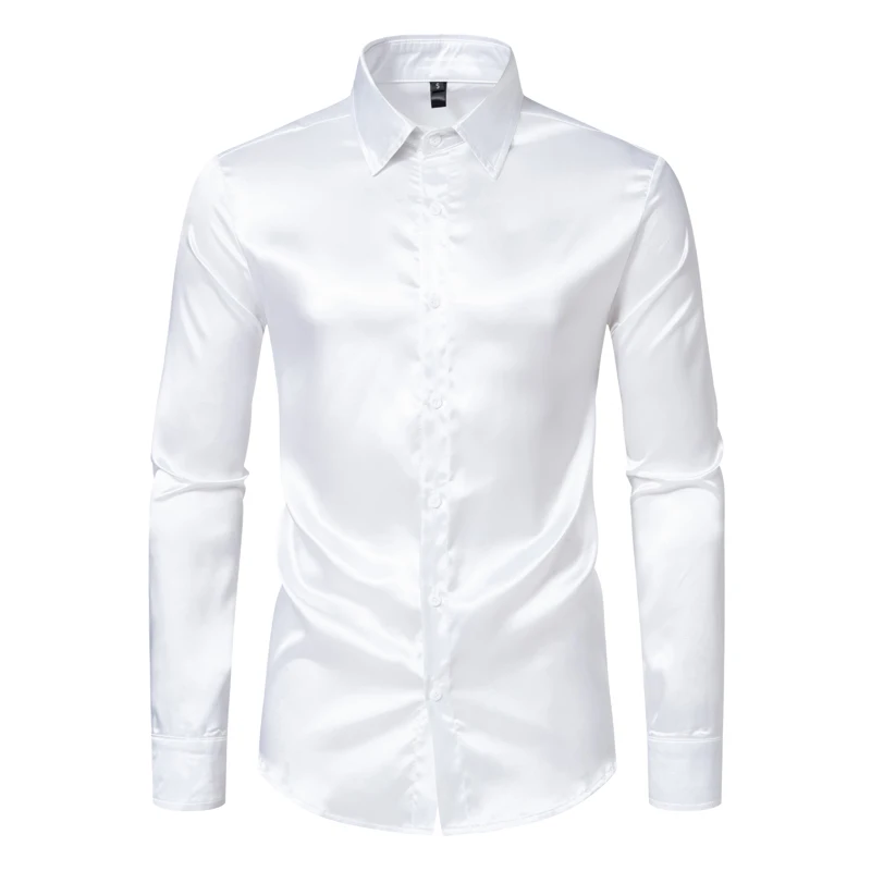 Mens White Satin Tuxedo Dress Shirts 2023 Brand New Silk Smooth Casual Shirt Men Wedding Groom Party Shirt Male Chemise Homme