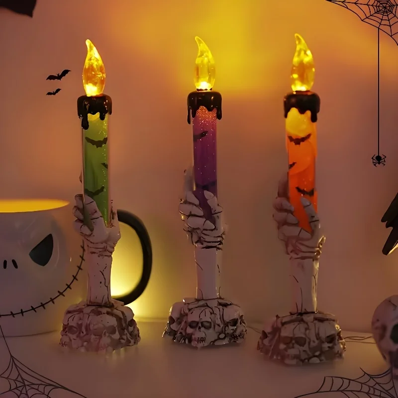 1-8PCS Handheld Skull LED Candle Flickering Flame Effect Battery Operated Gothic Decor for Halloween Haunted House