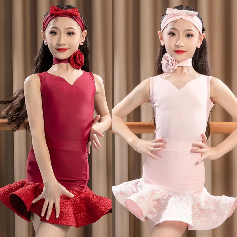 Girls Latin Dance Dress Kids Pink Practice Clothes Summer Latin Tops Skirt Training Clothes Cha Cha Performance Wear DNV20013