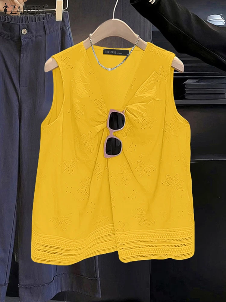 

Stylish Women Tanks Tops 2025 ZANZEA Summer Sleeveless Lace Crochet Blouse V Neck Holiday Camis Hollow Out Embroidered Shirt