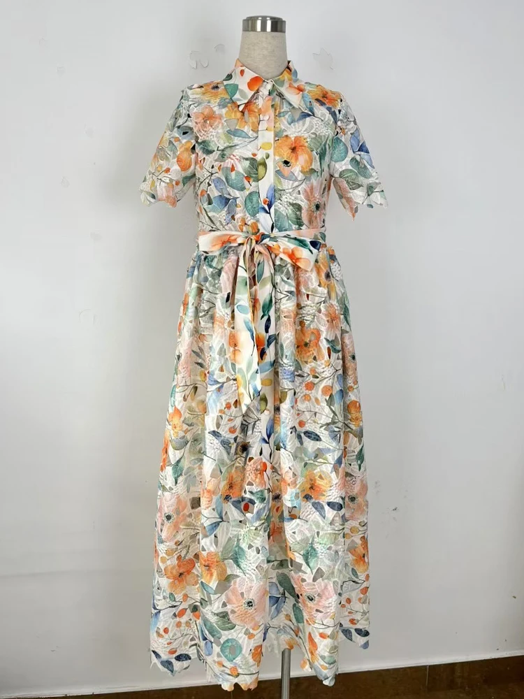 2025 primavera mujer nuevo vintage estampado bordado ahuecado solapa con cordones vestido de cintura moda suelta swing camisa vestido