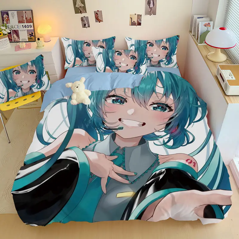 Hatsune Miku أنيمي الطرفية ثنائي الأبعاد الكرتون أربع قطع مجموعة Kawaii القطن غطاء سرير غطاء لحاف طالب ثلاث قطع مجموعة