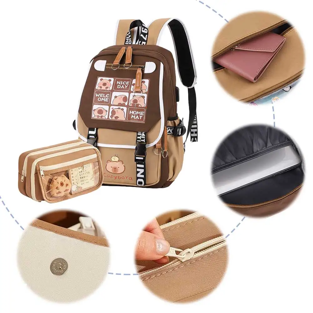 

Cartoon Capybara Backpack with Pencil Case Cute Kawaii Backpack Large Capacity Capybara Flap Backpack Cute Bookbag for Students