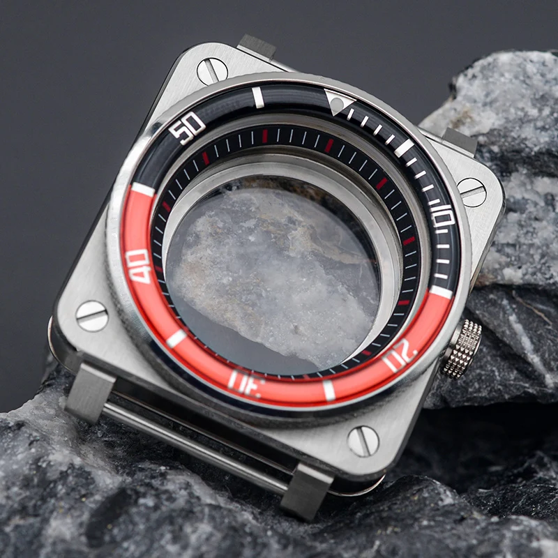 Square Silver Diving Watch Mod Case 316L Stainless Steel Housing Compatible with NH34 NH35 NH36 Mechanical Movement