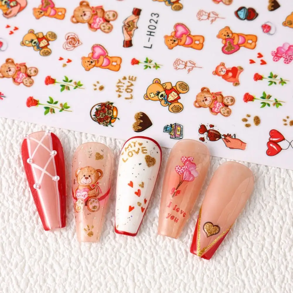 Slider Decals Cute Nail Sticker Rose Flower Heart Letters 3D Valentine Cartoon Adhesive Nail Art Decorations Manicure