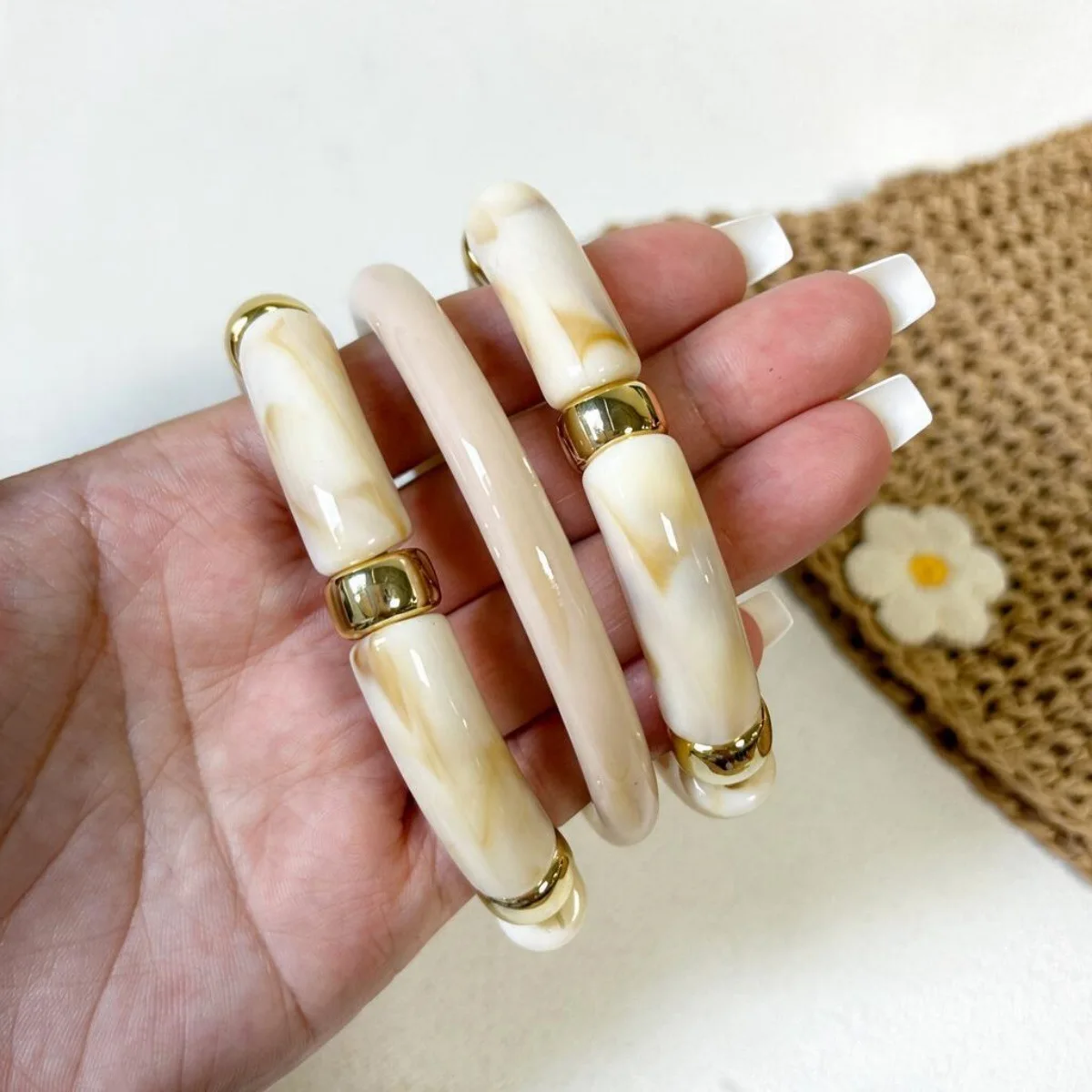 European and American New Arrival Ivory 3-Piece Set Curved Marble Pattern Resin Bracelet Women's Layered Fashion Accessories Set
