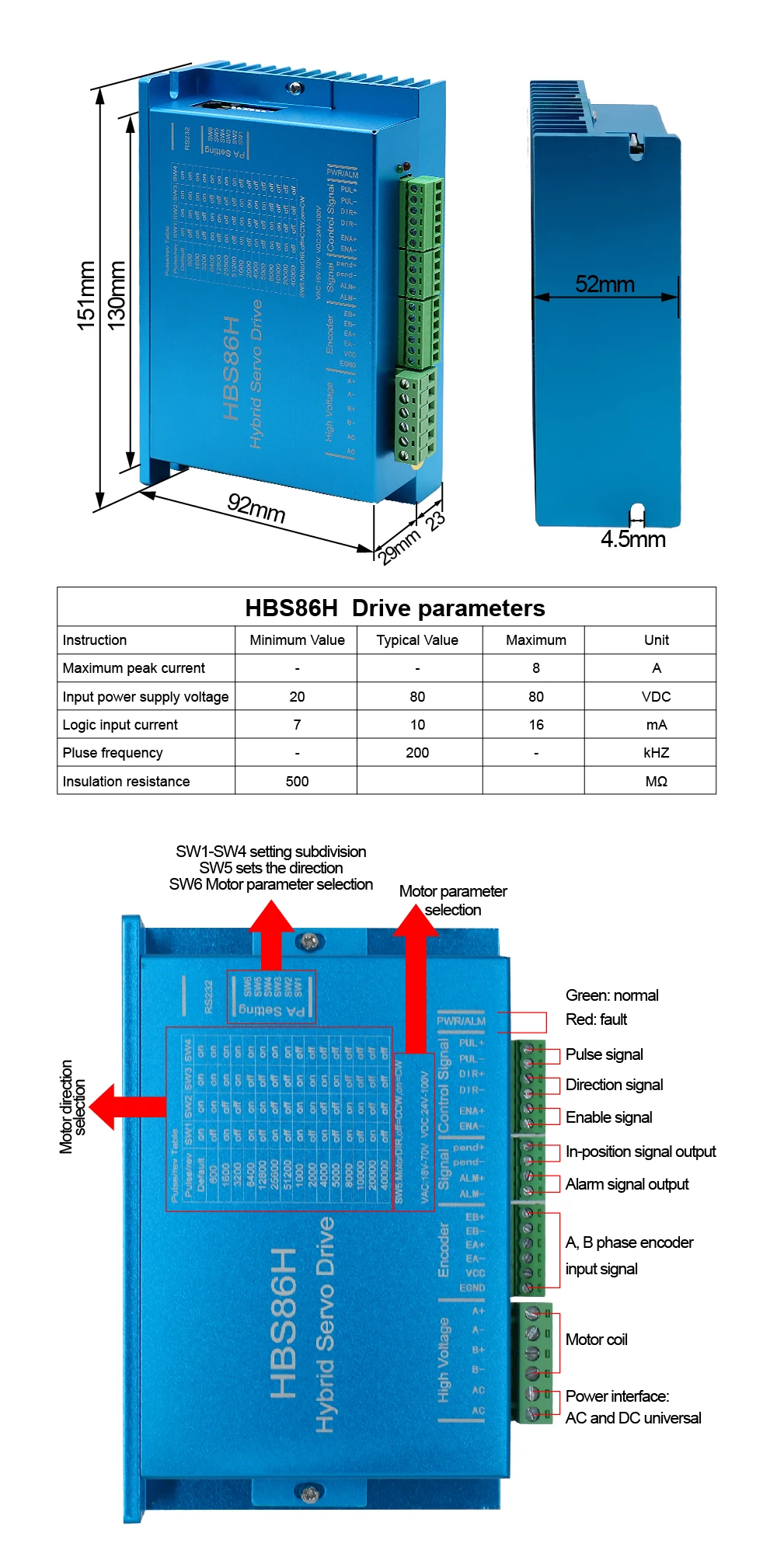 Ab sevk hibrid Servo sürücü HBS860H / HBS86H kapalı devre Motor sürücü VAC 18-70v VDC 24-100V Max akım 8A Motor kontrolörü